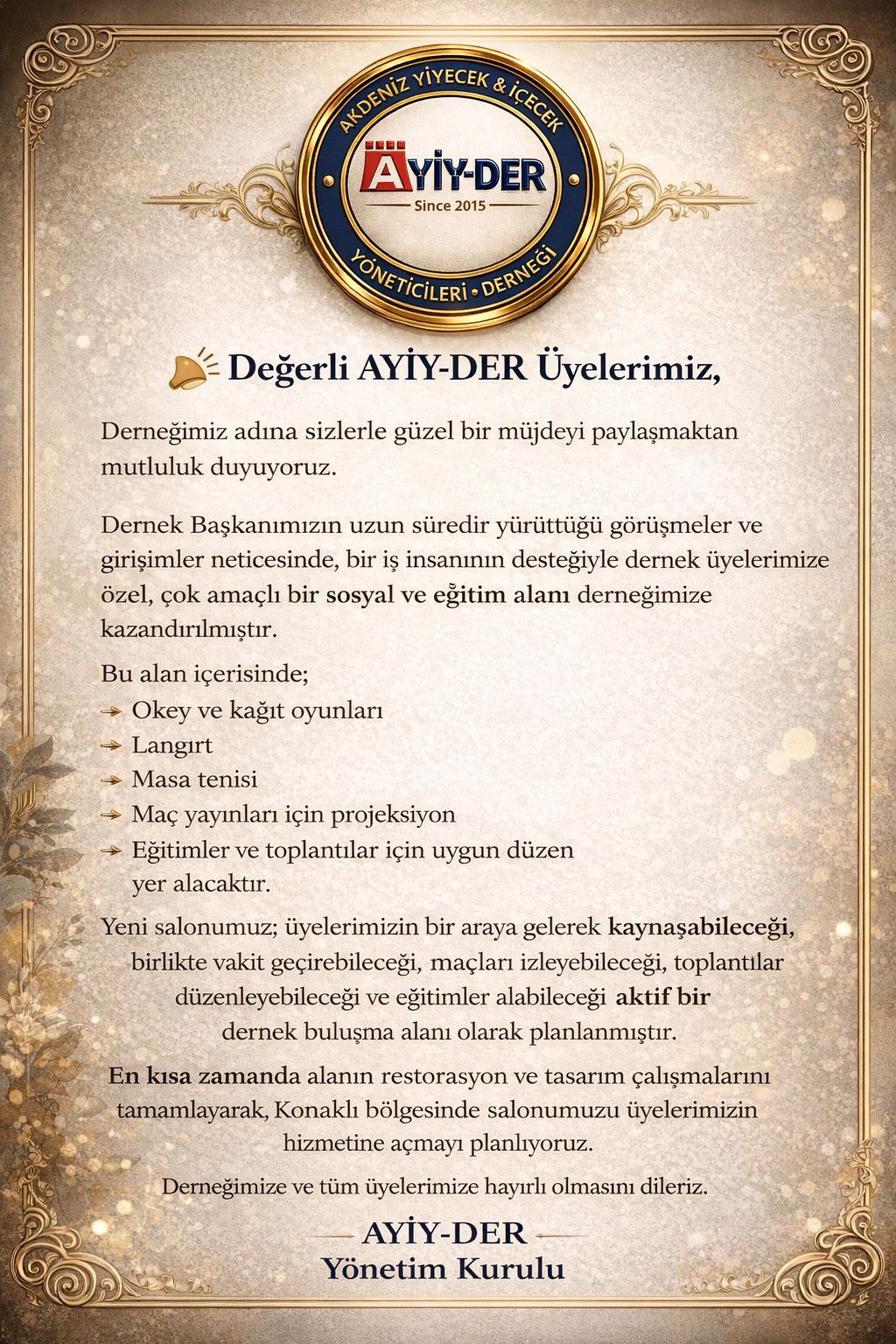 AYİY-DER’e Yeni Sosyal ve Eğitim Alanı Kazandırılıyor